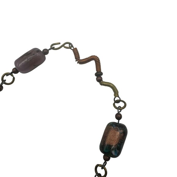 Mixed Metal Beaded Necklace Glass Accents Spiral S Hook Closure 17 Inch Unique - Picture 3 of 5